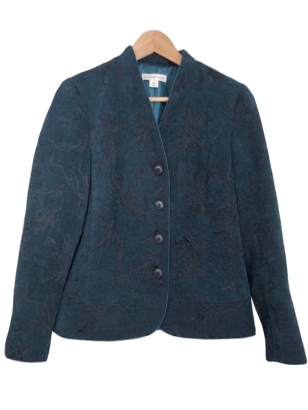 Teal Blue Tapestry Brocade Blazer Coldwater Creek Texture Abstract Floral Damask